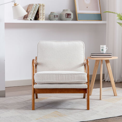 Fauteuil scandinave en bois et tissu crème - chaise de style