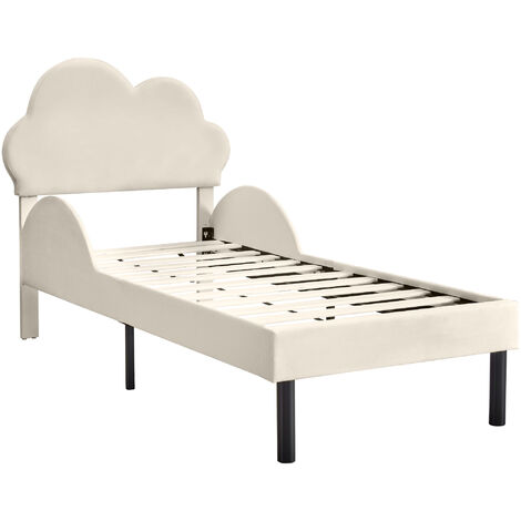 Lit simple capitonné 90x200cm, lit enfant avec tête de lit nuage et sommier  à lattes, barrières