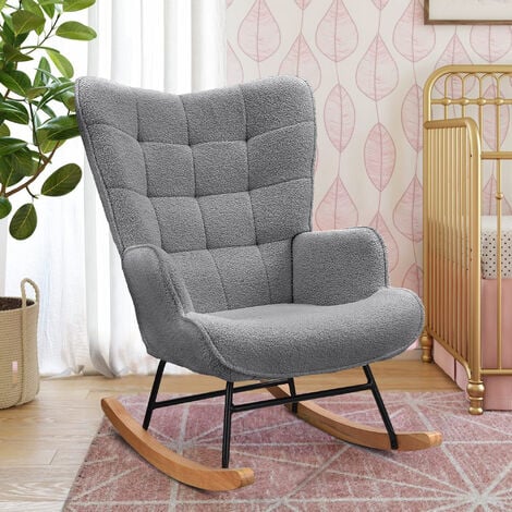 Fauteuil à Bascule Chaise Berçante Allaitement Bébé en Tissu Bouclette  Rocking Chair Style Scandinave en Bois