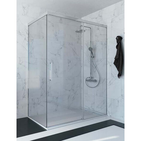 Mampara de ducha angular de 2 hojas fijas y 1 puerta corredera. - Cristal 6 mm con ANTICAL INCLUIDO - Modelo RIMO Medida (70 X 90) - CRISTAL DECORADO 21