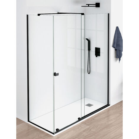 Mampara de Ducha Angular - 2 Hoja Fija + 1 Puerta Corredera - Modelo Arabela Negro Q3 (80 x 125)