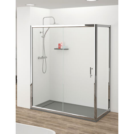 Mampara de Ducha Angular - 2 Hoja Fija + 1 Puerta Corredera - Modelo Chiana Q3 (80 x 110)