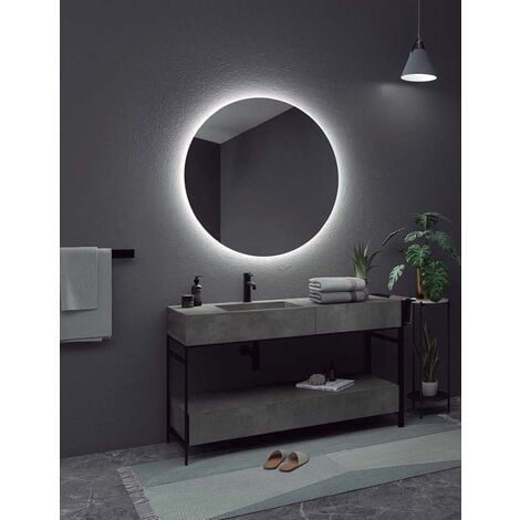 Espejo Redondo Decorativo Borde Negro 70 x 70 cm con Luz LED, Doble Sensor  Táctil, Espejo Led de Baño Redondo