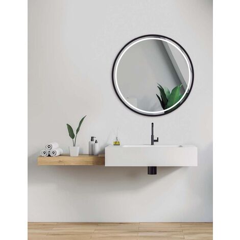 Ledimex - Espejo de baño Led redondo y elegante marco negro - de Ø90 cm de diámetro - Iluminado por LED con IRC >80 – Sensor antivaho – Sensor on/off triled – Modelo ALEMANIA