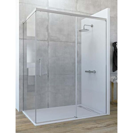Mampara de ducha angular Corredera - de 2 hojas fijas y 1 puerta - Cristal 6 mm con ANTICAL INCLUIDO - Modelo SATELITE Medida (70 X 140) - TRANSPARENTE (1/5)
