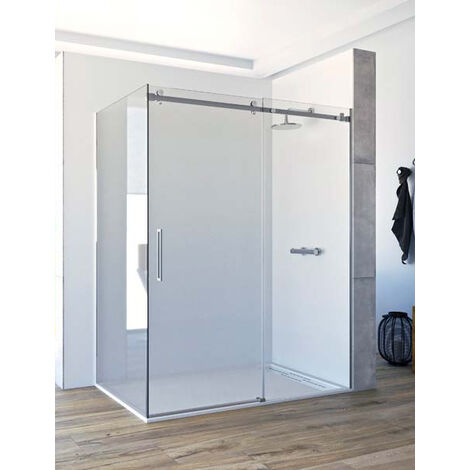 Mampara de ducha angular de 2 hojas fijas y 1 puerta corredera. - ACERO  INOXIDABLE - Cristal 6 mm con ANTICAL INCLUIDO - Modelo CANDIL Medida (70 X  90) - TRANSPARENTE