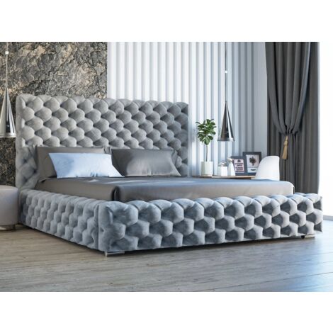 Graingold – Lit coffre 200x200 cm capitonné velours gris clair – Tête de lit haute – Coffre de rangement avec vérins à gaz – Pieds chromés (1/5)