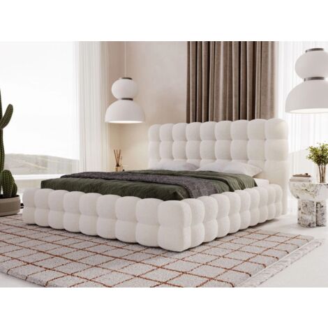 Graingold – Lit avec tiroirs 160x200 cm – Rangement intégré – Tissu bouclé beige – Tête de lit rembourrée – Cadre en bois solide (1/5)