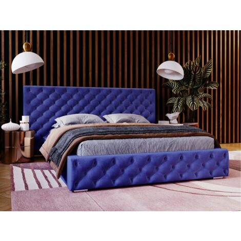 Lit rembourré avec rangement 120x200 velours bleu Madera (1/3)