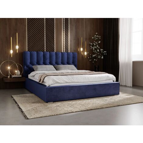 Lit rembourré avec rangement 200x200 velours bleu Roma (1/5)