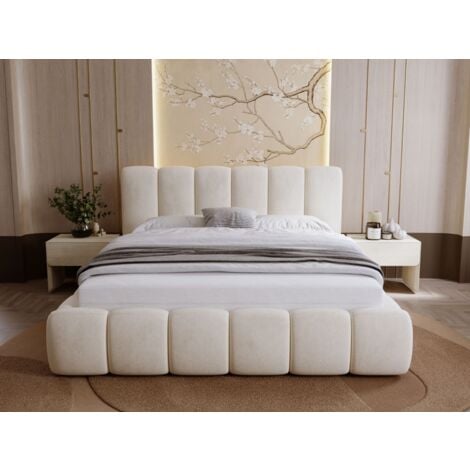 Lit rembourré avec rangement 200x200 velours beige Royal