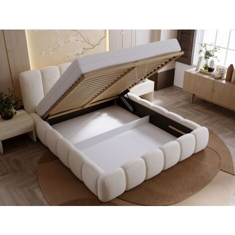 Lit rembourré avec rangement 200x200 velours beige Royal
