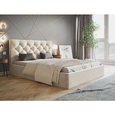 Lit rembourré avec rangement 120x200 velours beige Selva (1/5)