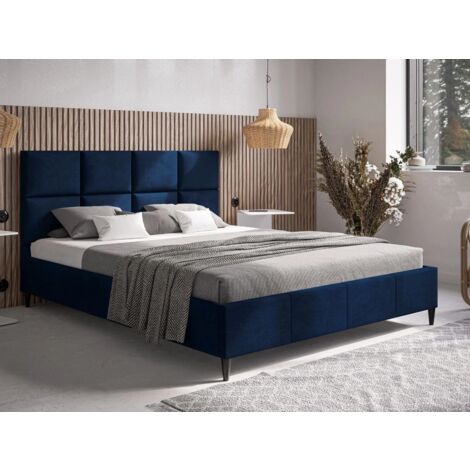 Lit capitonné avec tête de lit 180x200 velours bleu Luxe (1/5)