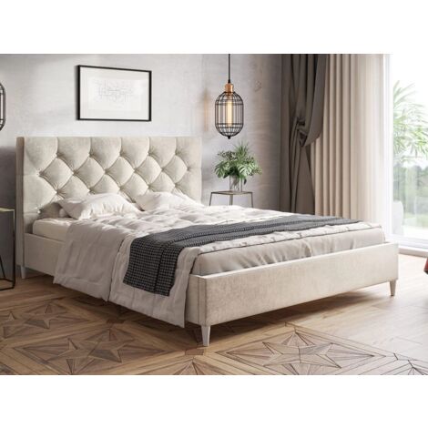 Graingold – Lit capitonné 160x200 velours beige – Tête de lit élégante avec coutures et cristaux – Cadre en bois solide – Parfait pour chambre glamour (1/5)
