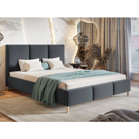Lit capitonné avec tête de lit 180x200 velours gris foncé Trio (1/5)