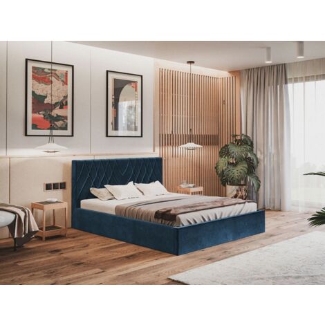 Lit rembourré avec rangement 160x200 velours bleu Andri (1/4)