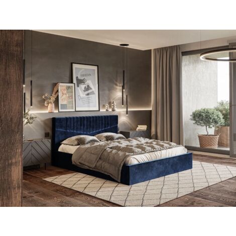 Lit rembourré avec rangement 120x200 velours bleu marine Lido (1/5)