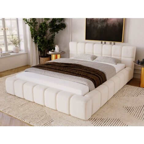 Graingold – Lit adulte 180x200 cm avec rangement – Tissu velours beige – Sommier à lattes en bois – Accès facile au coffre de rangement (1/5)