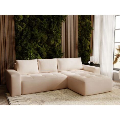 Canapé D'angle Convertible Méridienne Droite Portland Tissu Velours Beige (1/5)