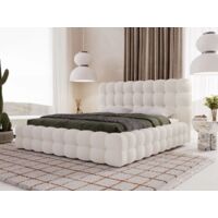 Graingold – Lit avec tiroirs 160x200 cm – Rangement intégré – Tissu bouclé beige – Tête de lit rembourrée – Cadre en bois solide