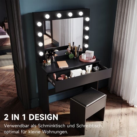 SONNI Coiffeuse, coiffeuse, avec miroir, 1 tiroir, 1 tabouret, 12 ampoules LED,luminosité réglable, moderne,Noir
