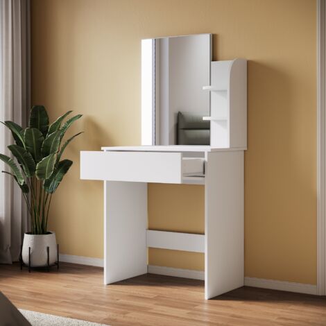 SIRHONA Meubles de Chambre Coiffeuse, Coiffeuse Moderne avec Miroir, Coiffeuse avec 1 tiroir et 3 Compartiments Ouverts, Blanc