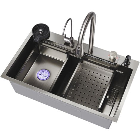SONNI Évier de Cuisine 1 Bac Acier Évier en acier inoxydable,Sortie d'eau de type cascade, robinet multifonctionnel 75x45x23 cm