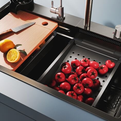 SONNI Évier de Cuisine 1 Bac Acier Évier en acier inoxydable,Sortie d'eau de type cascade, robinet multifonctionnel 75x45x23 cm