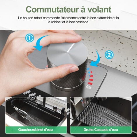 SONNI Évier de Cuisine 1 Bac Acier Évier en acier inoxydable,Sortie d'eau de type cascade, robinet multifonctionnel 75x45x23 cm