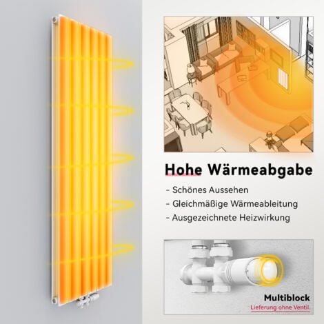 SONNI Radiateur eau chaude en acier Conception murale Vertical Tube plat Radiateur chauffage central 1800x465mm Panneau Double Blanc (1598W)