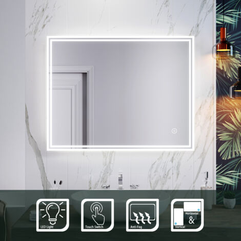 Sirhona – Miroir lumineux de salle de bain 90x70 cm – Éclairage LED 6400K – Fonction anti-buée et mémoire – Montage mural horizontal/vertical