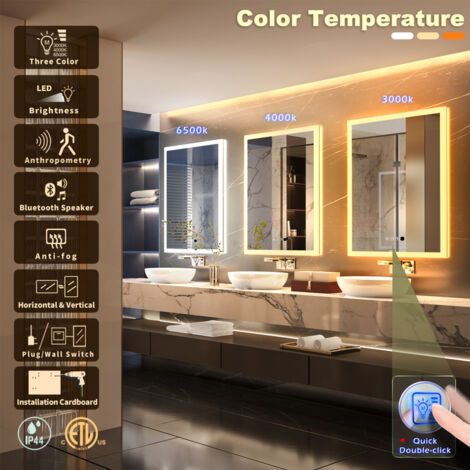 Meuble Salle De Bain Avec Miroir LED Gemini - Luminosité Réglable, Prise Rasoir Et Désembuage | Dimensions 63x65cm