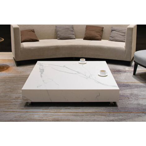 BIANCO Table basse en porcelaine marbre grande en béton élégant facile d’entretien 118 x 118 x 23.9 cm (1/5)