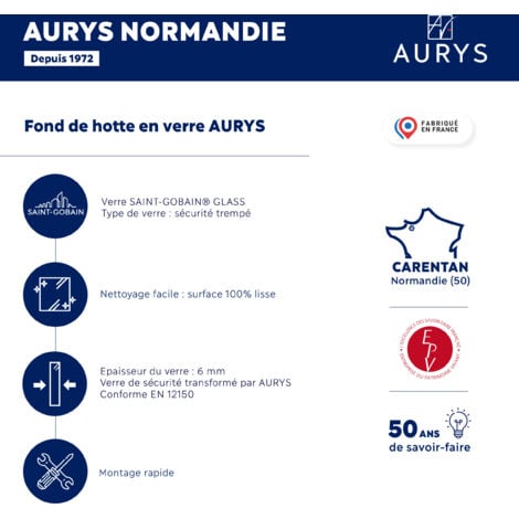 FOND DE HOTTE VERRE TRANSPARENT TREMPE 45X60 6 mm avec 4 trous + kit de fixation - 4 kg  - Fabrication Française AURYS NORMANDIE