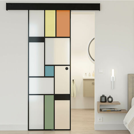 Porte coulissante en verre émaillé 8mm – Rail coulissant noir mat – H. 204 x L. 83 cm – Verre trempé norme EN 12150 – Fabrication française – Aurys