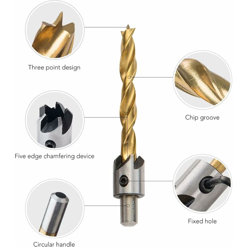 Fraise à Chanfrein 5 Flûtes Pour Bois - 10 Tailles De 3 à 10mm - Avec Clé Hexagonale