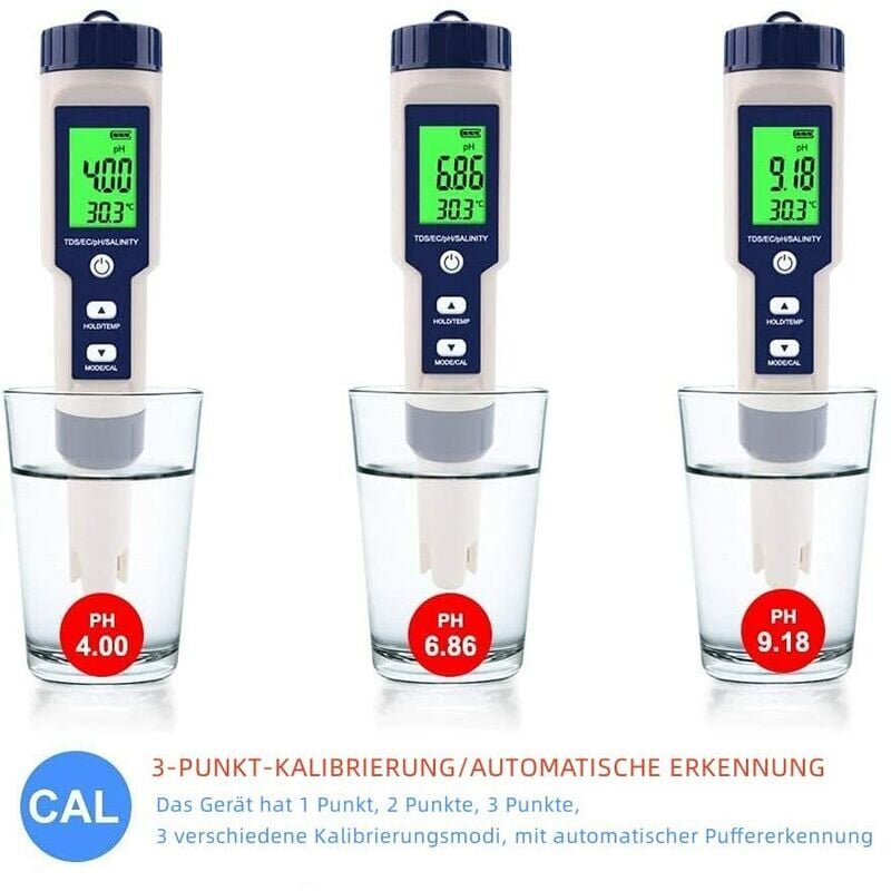 PH-Mètre, 5 En 1 PH/TDS/EC/Salinité/Tempmètre, Testeur De Moniteur De Qualité De L'eau Pour Piscines, Culture Hydroponique, Eau Potable, Aquariums 2