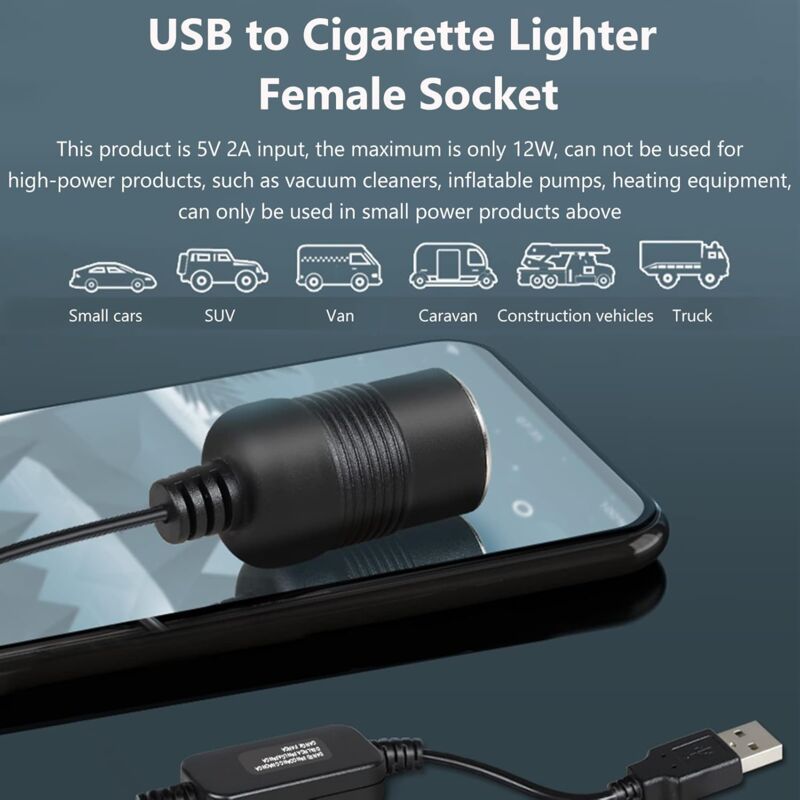 Câble Convertisseur USB 5V Mâle Vers Allume-cigare 12V Femelle - 35 Cm, Pour Caméra Embarquée, GPS, LED - 8