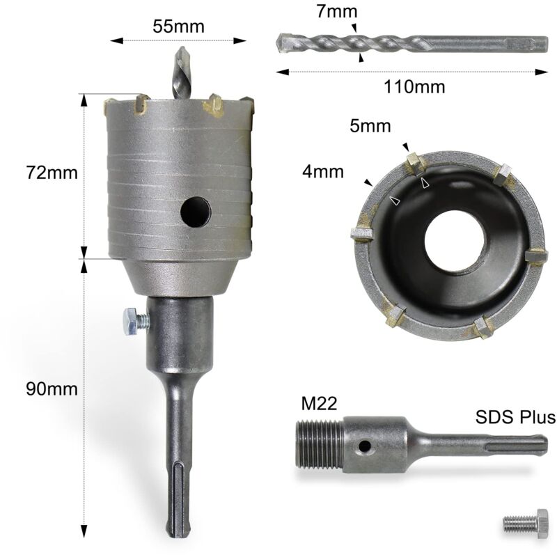 Couronne De Forage SDS Plus 160 Mm - Avec Foret De Centrage 8x110 Mm Et Adaptateur M22, Pour Béton, Pierre, Marbre - 13