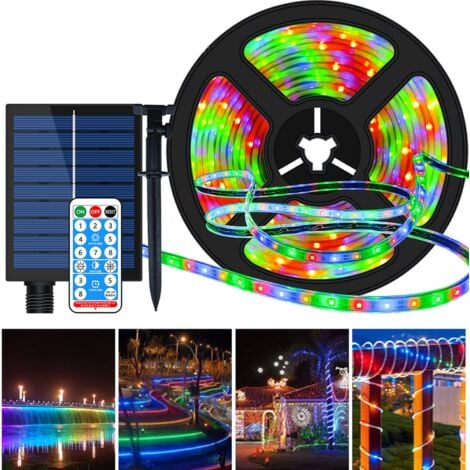 Ruban LED Solaire Extérieur, 5m 280 LED Bande LED RVB à Changement de Couleur à Énergie Solaire avec 8 Modes d'Éclairage IP67 Étanche Décoratif Guirlande Lumineuse pour Jardin Arbres Piscine