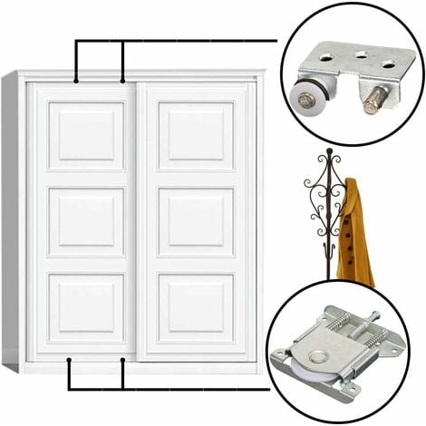 Lot de 2 pièces coulissantes pour porte de garde-robe, roues, roues, roues, rouleaux, guides avec tampon amortisseur, capacité de charge 20 kg