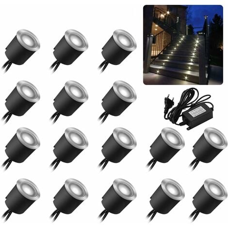 Lot de 16 spots LED encastrables au sol - Étanchéité IP67-0.6 W - Diamètre : 32 mm - Pour l'intérieur et l'extérieur - 4000 K - Blanc - 12 V [Classe énergétique A+]