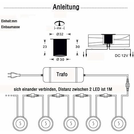 Lot de 16 spots LED encastrables au sol - Étanchéité IP67-0.6 W - Diamètre : 32 mm - Pour l'intérieur et l'extérieur - 4000 K - Blanc - 12 V [Classe énergétique A+]
