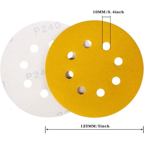 Disques de Ponçage Papier Abrasifs 125mm, 110 Disques Abrasifs de Ponçage Ponceuse tampons ponçage ronds 8 trous Grain 60/80/100/120/150/180/240/320/400/600/800 pour Poncer Polir Dérouiller