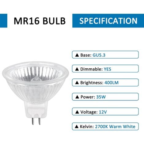 Ampoule Halogene GU5.3 35W 12V, 400lm Blanc Chaud 2700K Dimmable, Ampoule Spot Halogène MR16, pack de 6