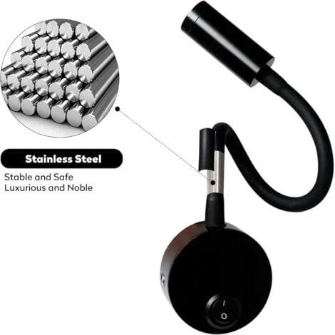 2 Pièces Noire Lampe de Lecture Murale 3W, Flexible Cou Réglable Applique Lampe de Bureau en Aluminium, Lampe de Chevet avec Interrupteur LED Soins des Yeux（blanc chaud）