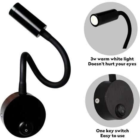 2 Pièces Noire Lampe de Lecture Murale 3W, Flexible Cou Réglable Applique Lampe de Bureau en Aluminium, Lampe de Chevet avec Interrupteur LED Soins des Yeux（blanc chaud）