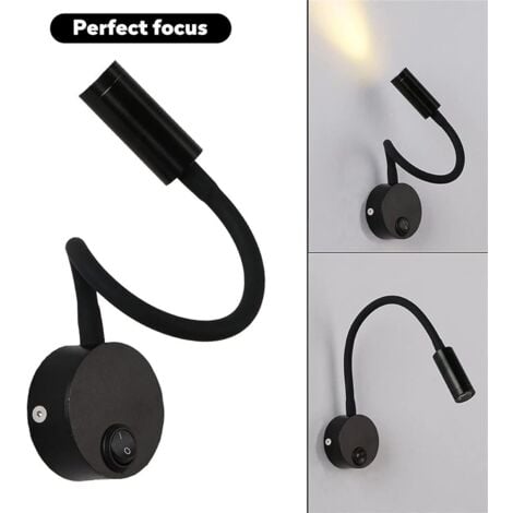 2 Pièces Noire Lampe de Lecture Murale 3W, Flexible Cou Réglable Applique Lampe de Bureau en Aluminium, Lampe de Chevet avec Interrupteur LED Soins des Yeux（blanc chaud）