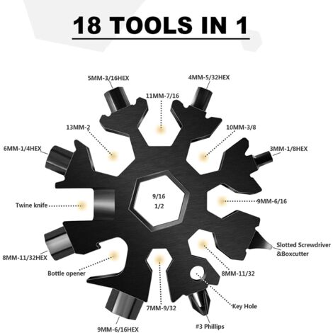 Outil Flocon Neige Outil multifonction en acier inoxydable 18-en-1, pour Les Voyages Quotidiens Camping Adventure multifonction portatif Mini Tools Cadeau Noel (noir)